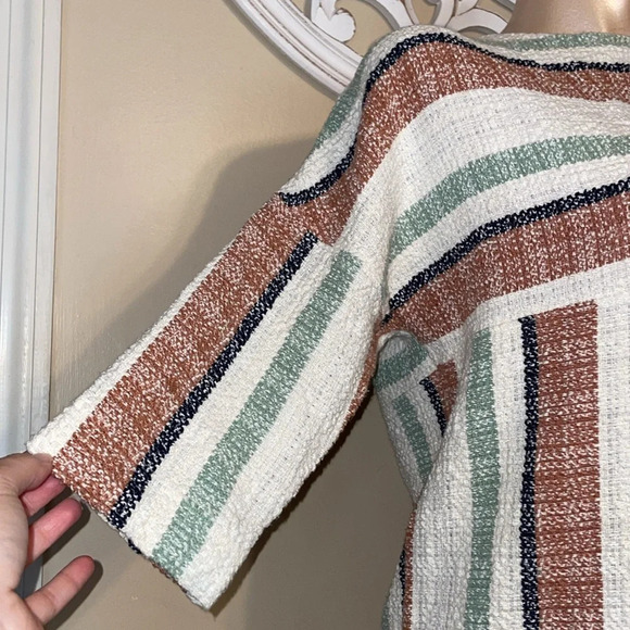 Billy Reid womens dress XS 0 2 mini stripe cream tan short sleeve stretch flax - Picture 3 of 9